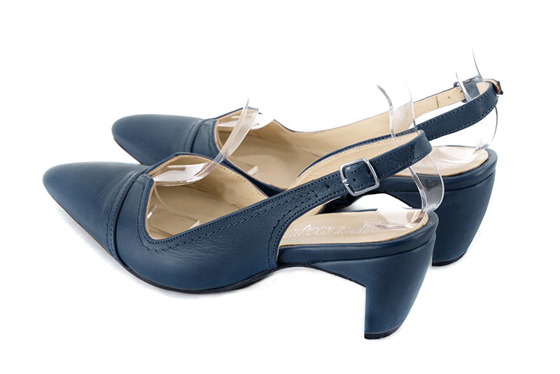 Denim blue women's slingback shoes. Tapered toe. Medium comma heels. Rear view - Florence KOOIJMAN